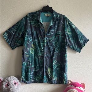 Tommy Bahama 100 % Silk Tropical Leaf Camp Shirt in Teal & Navy